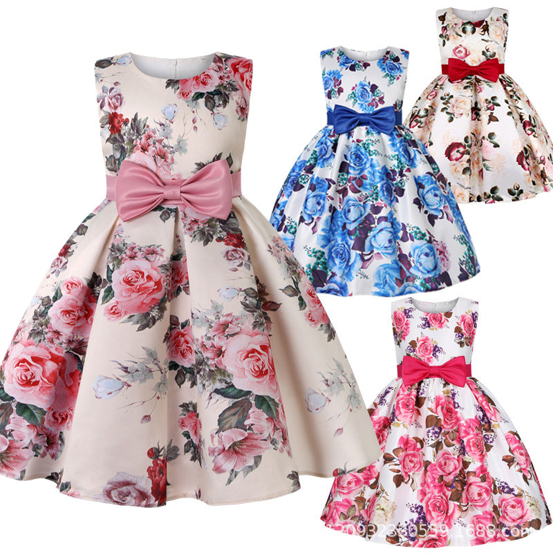 New Children Wedding Dress Rose Print Princess Birthday Party Show New Year Bow