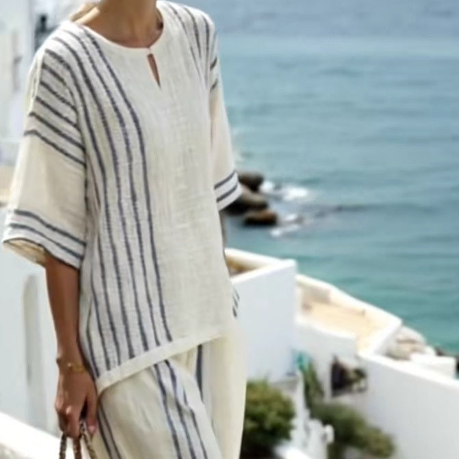Round Neck Striped Short Sleeve Cotton And Linen Top Casual Pants