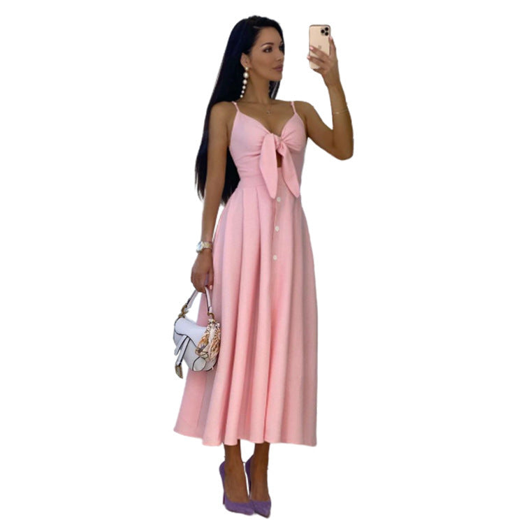 Hollow button sling sleeveless dress