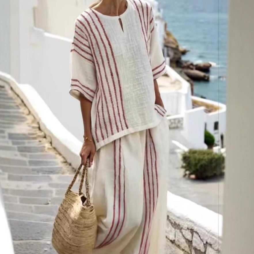 Round Neck Striped Short Sleeve Cotton And Linen Top Casual Pants
