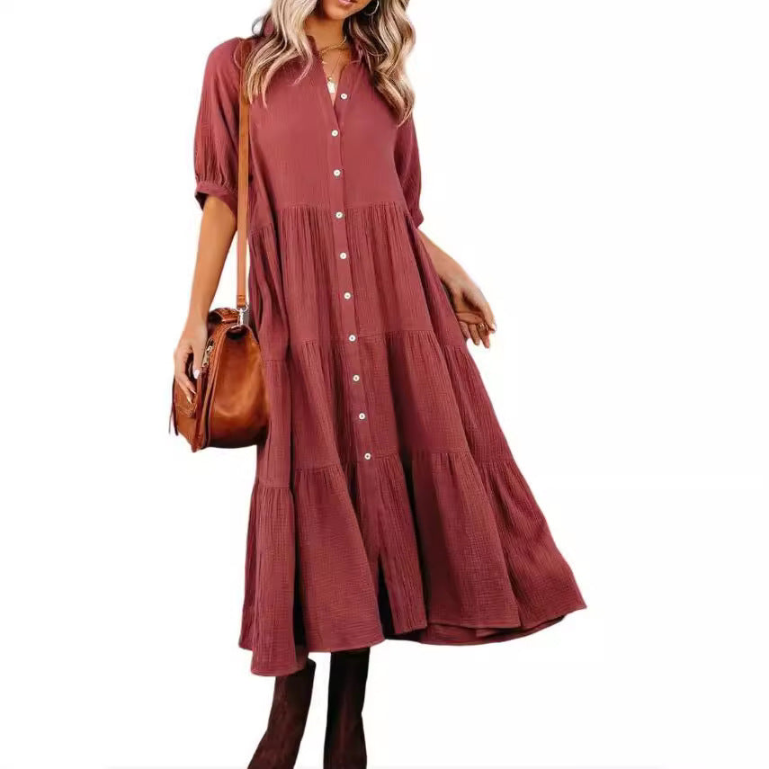 Women's Long Sleeve Button Dress Casual Dress