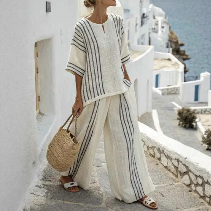 Round Neck Striped Short Sleeve Cotton And Linen Top Casual Pants
