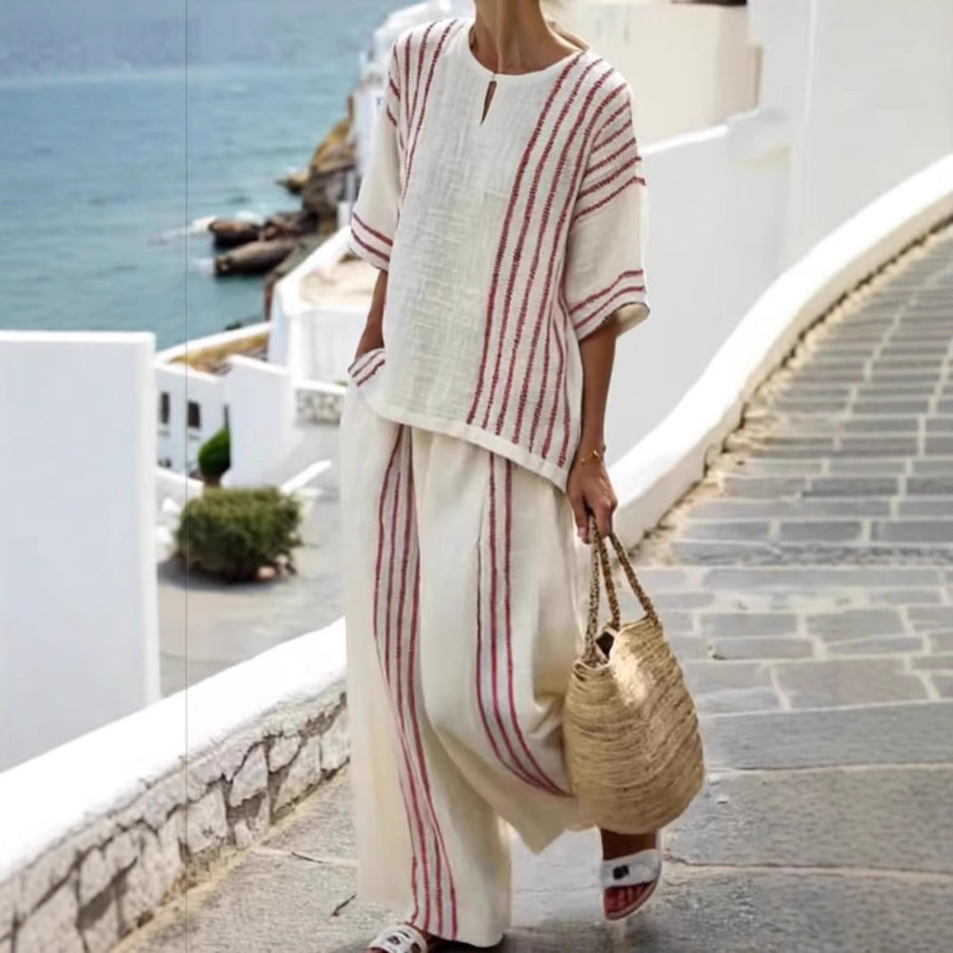 Round Neck Striped Short Sleeve Cotton And Linen Top Casual Pants