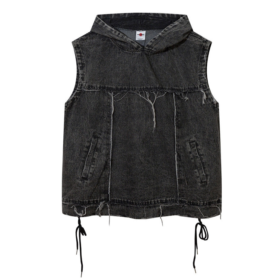 American Street Hooded Denim Pullover Vest Men's Raw Edge Distressed Workwear Denim Jacket