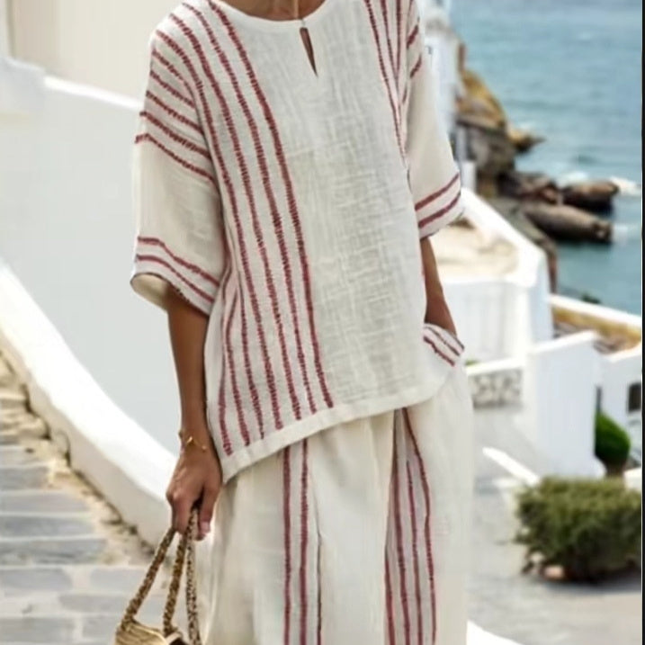 Round Neck Striped Short Sleeve Cotton And Linen Top Casual Pants