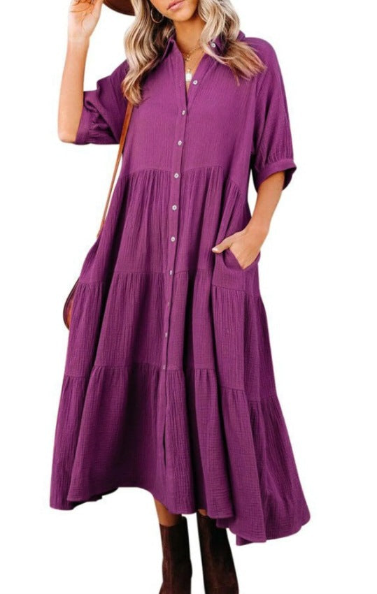 Women's Long Sleeve Button Dress Casual Dress