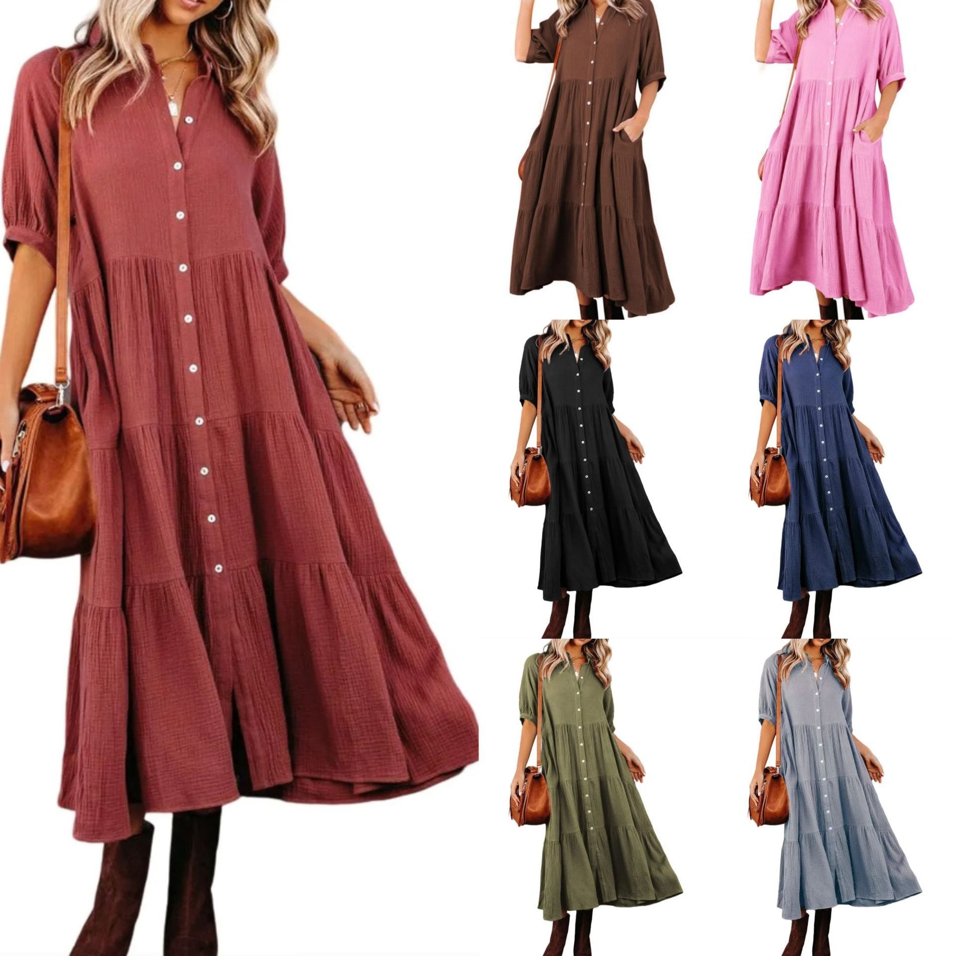Women's Long Sleeve Button Dress Casual Dress
